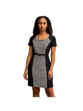 Frank Lyman SZ 14 black/white sheath dress shortsleeved with belt and back zip